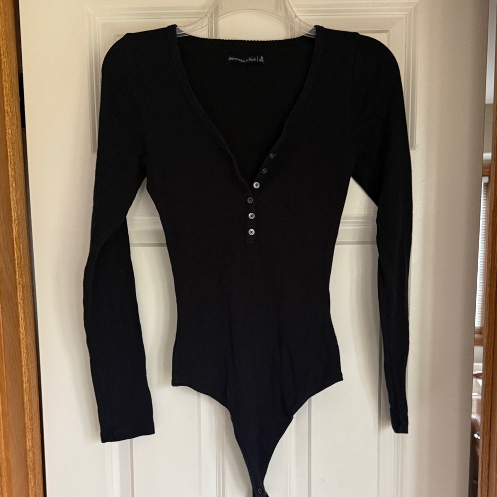 Women’s Black Long Sleeve Henley Bodysuit